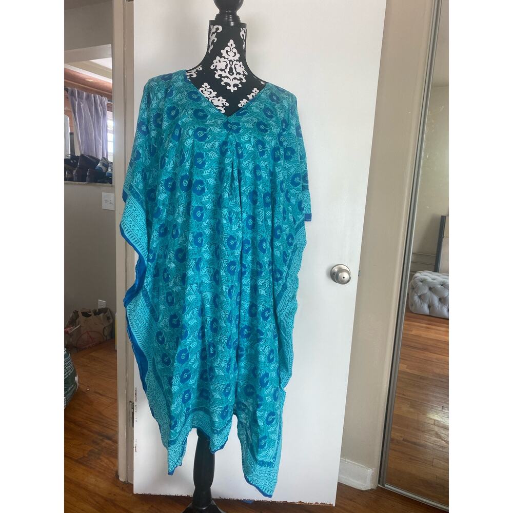 Lightweight v neck kaftan dress beach coverup one size blue